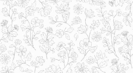 Obraz premium Elegant hand drawn floral line art seamless pattern.