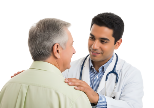 a doctor with a stethoscope is seen comforting and talking to an older male patient in a friendly manner on transparent background