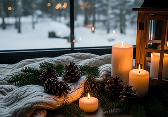 Cozy winter scene with candles, pine cones, and a view of snowy forest