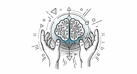 Human hands holding a digital brain representing artificial intelligence and innovation.