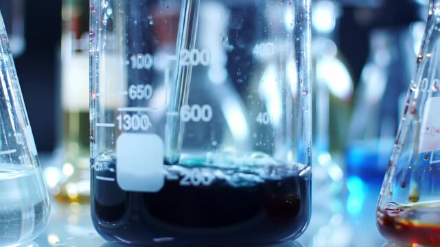 Lab beaker stirring blue liquid, experiments, reactions, glassware, chemical research, education, scientific visuals