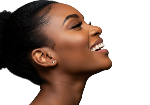 a close up portrait showcasing a beautiful woman with her eyes closed and a radiant smile highlighting her flawless complexion on transparent background