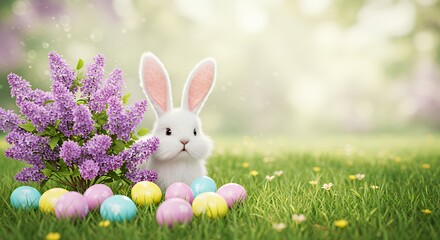 Cute White Bunny with Pink Ears Sitting Near Purple Lilac Flowers and Colorful Easter Eggs in Bright Spring Garden