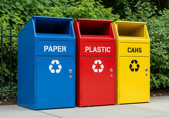 Colorful recycling bins for paper, plastic, and cans