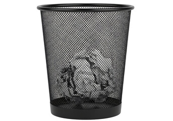 Black mesh trash can with crumpled paper inside