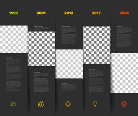 A dark, minimalist timeline infographic design with five distinct columns. This professional timeline template includes checkered placeholders for images and text sections for each timeline entry