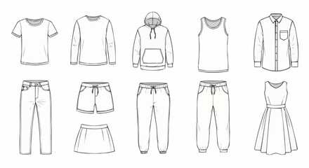 Fashionable Clothing Lineup - T-Shirt, Sweatshirt, Hoodie, Tank Top, Shirt, Jeans, Shorts, Skirt, Sweatpants, Joggers, and Dress.
