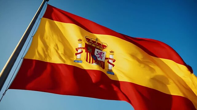 Flag of Spain (Rojigualda) Waving Against Deep Blue Sky