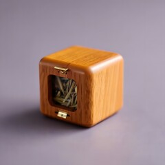 Small wooden cube box with clear window showing dried herbs