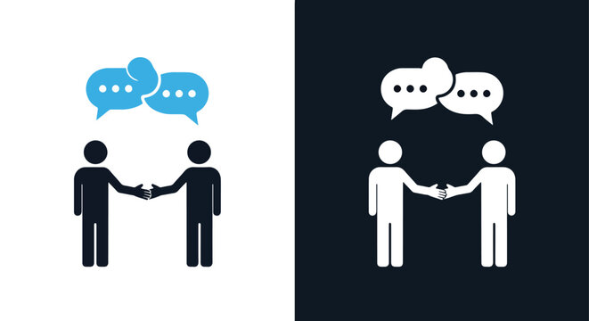 Two people shaking hands with speech bubbles - Vector icon symbol for website - Icon vector - Blue icon vector - Line and glyph solid icon and logo template