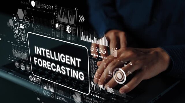 Hands Typing on Laptop with Overlaid Graphics for Intelligent Forecasting and Data Analysis in a Dark Environment. Asymptotic smart data analytic.