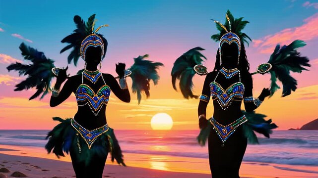 Two dancers in colorful costumes performing joyfully at sunset on the beach