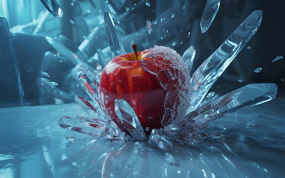 Vibrant red apple splashing through sharp shards of ice in a cold, blue environment