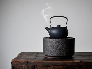 Steaming cast iron teapot on decorative warmer