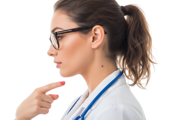 a captivating side profile of a young woman wearing glasses and a stethoscope thoughtfully pointing at her chin on transparent background high quality