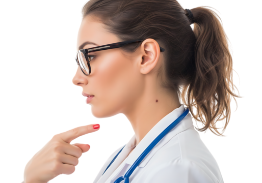 a captivating side profile of a young woman wearing glasses and a stethoscope thoughtfully pointing at her chin on transparent background high quality