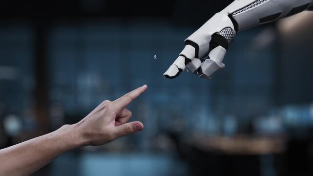 A human hand points towards a robotic arm engaged in communication with a digital interface representing advanced artificial intelligence and data analytics. Synapse - Powered by Adobe