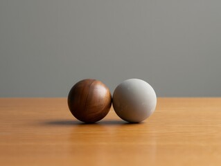 Two contrasting colored eggs sit side by side on a wooden surface
