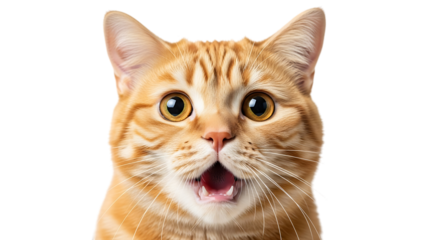 Closeup portrait of an adorable ginger tabby cat with a surprised expression, mouth open, isolated on transparent background