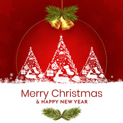 Gold Christmas and New Year Typographical on red background with winter landscape with snowflakes, light, stars. Merry Christmas card. Vector Illustration creative, Marry Christmas poster, web banner