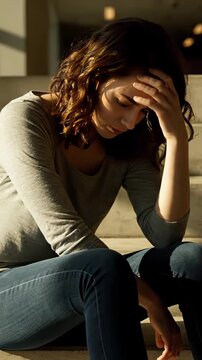 Depressed and isolated young woman perched on the stairs, consumed by distress. The pained look on her face reflects profound emotional turmoil and sorrow