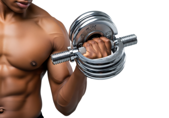 a muscular man lifting a chrome dumbbell with a focused expression showcasing strength and fitness on transparent background high quality professional detailed modern