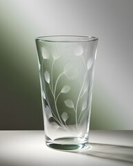 Crystal-clear glass cup with white botanical etching set against soft diffused monochromatic background