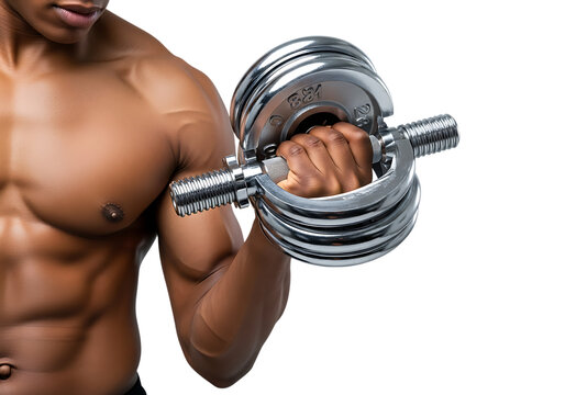 a muscular man lifting a chrome dumbbell with a focused expression showcasing strength and fitness on transparent background high quality professional detailed modern