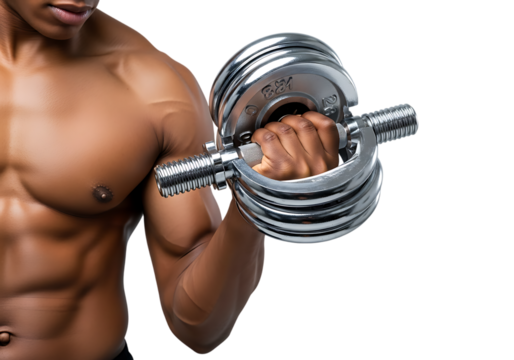 a muscular man lifting a chrome dumbbell with a focused expression showcasing strength and fitness on transparent background high quality professional detailed modern - Powered by Adobe