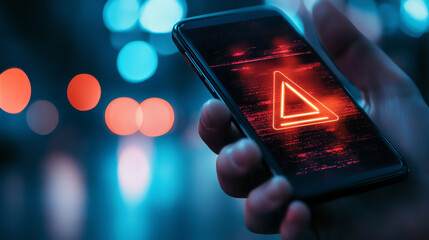 Digital warning icon overlay on smartphone with fake SMS message