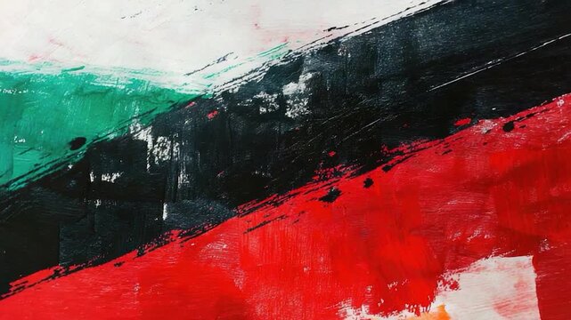 A detailed view of a colorful artwork with red, black, and green hues