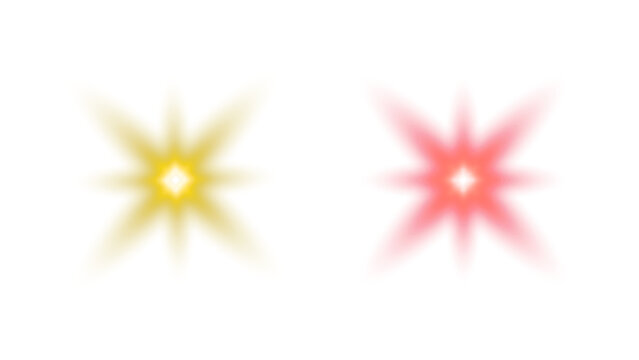 A pair of luminous and vibrant starburst light effects, featuring a golden yellow and a radiant red glow with soft on transparent background