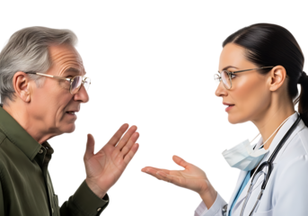 a side by side view of a senior man and a young female doctor in a tense conversation showing concern and communication on