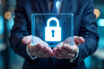 Individual holding a see-through data cube containing a radiant new lock symbol.