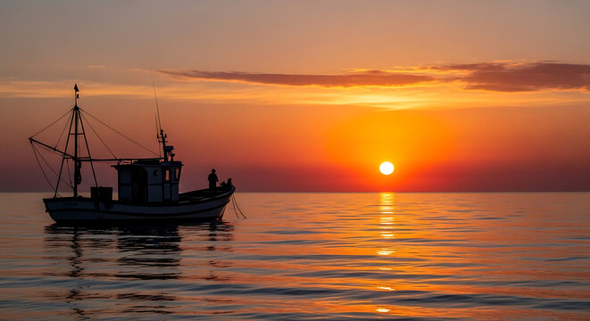Fishing boat silhouette on a calm sea, vibrant orange sunset paints the sky and water