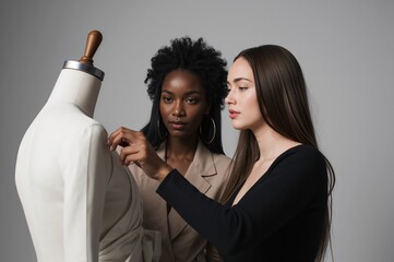 Two designers collaborate on embroidered fashion prototype in sleek modern design studio