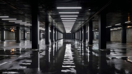 Obraz premium Modern Parking Area with Sleek Black Pillars and Bright White LED Lights Reflecting on Wet Surfaces