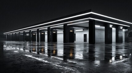 Obraz premium Modern Parking Area Featuring Black Pillars and Illuminated White LED Lighting in a Rainy Atmosphere