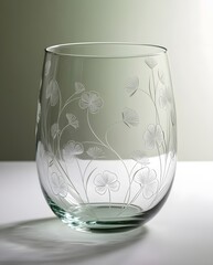 Frosted botanical glass with floral engravings displayed against smooth gradient background in minimal elegant style