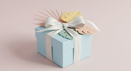 Light Blue Gift Box with White Ribbon and Pastel Tropical Leaves Decorative Arrangement