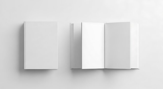 Collection of blank white books arranged in various positions, including stacked and open, isolated on white background - Powered by Adobe