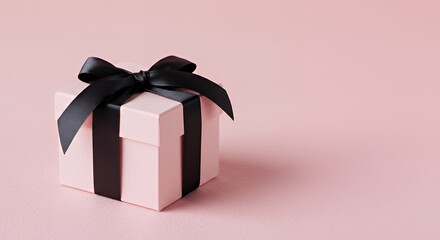 Pink Gift Box with Black Ribbon on Soft Pink Background