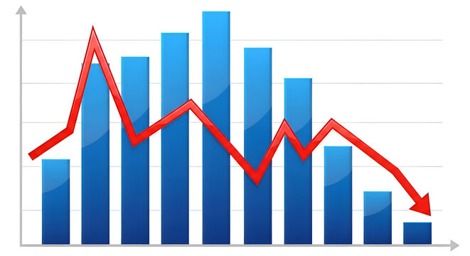 Declining Bar Chart with Red Trend Line – Downward Market and Analytics Illustration