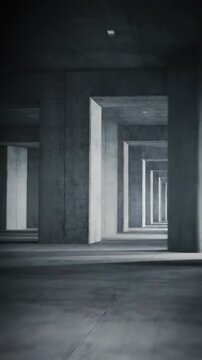Cinematic smooth dolly movement gliding horizontally past a series of identical concrete pillars creating a continuous, repetitive tunnel structure structure, monochromatic, loop