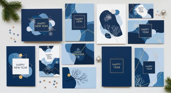 A collection of elegant blue and white Happy New Year greeting cards and templates with abstract designs and winter motifs.