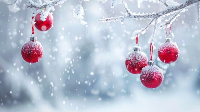 Silver and red christmas ornaments on snowy fir tree branches with blurred falling snow