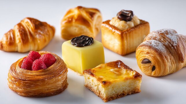 An Array of Freshly Baked Pastries on a White Seamless Backdrop for Culinary and Bakery Inspirations