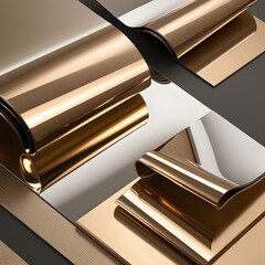 Golden metallic rolls and sheets forming modern sculptural arrangement with polished reflective industrial surfaces