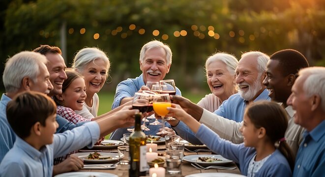 Celebrate family with a joyful outdoor feast toast, creating treasured memories for generations in a sun-drenched setting with happy faces and shared laughter,Generated Image