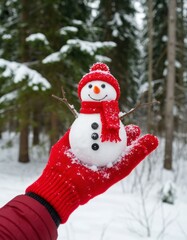A hand in a red glove holds a small snowman wearing a red hat and scarf. Snow-covered trees are in the background, creating a wintery Christmas scene.